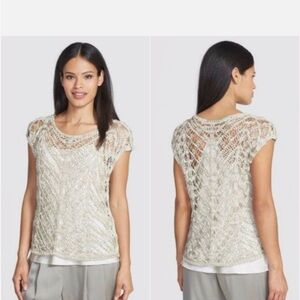 EILEEN FISHER Beige Cotton Tape Knit Crochet Tunic Top Sweater